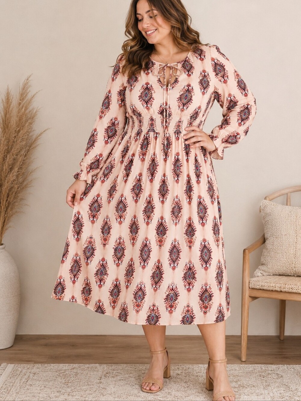 Studio B by Bobeau Midi Dress, Pink, Orange, and Navy Boho Paisley, L